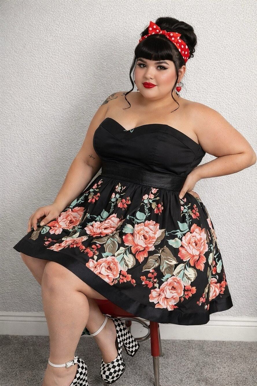 Vtg Y2k Torrid Floral Dress Black Strapless Bubble Mini Coquette Sz 20 1x
